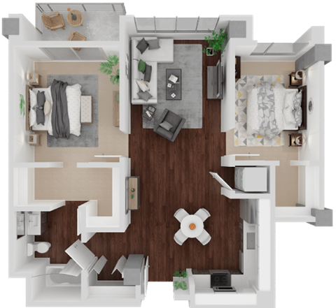 Floor plan for 2 beds, 1 bath, 849 sqft
